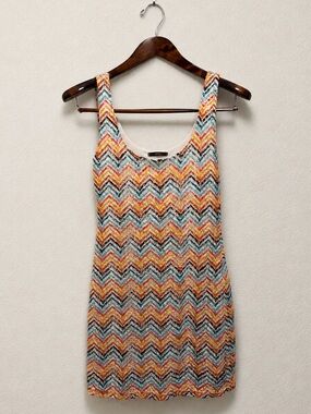 Chevron Crochet Open Knit Mini Dress Rainbow Zigzag Small